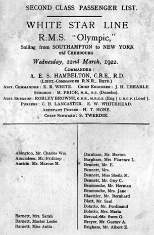 White Star Line's Olympic passenger list