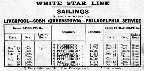 White Star Line sailings to and from Philadelphia