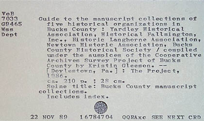 Catalog card for the Guide to manuscript collections of five historical organizations...